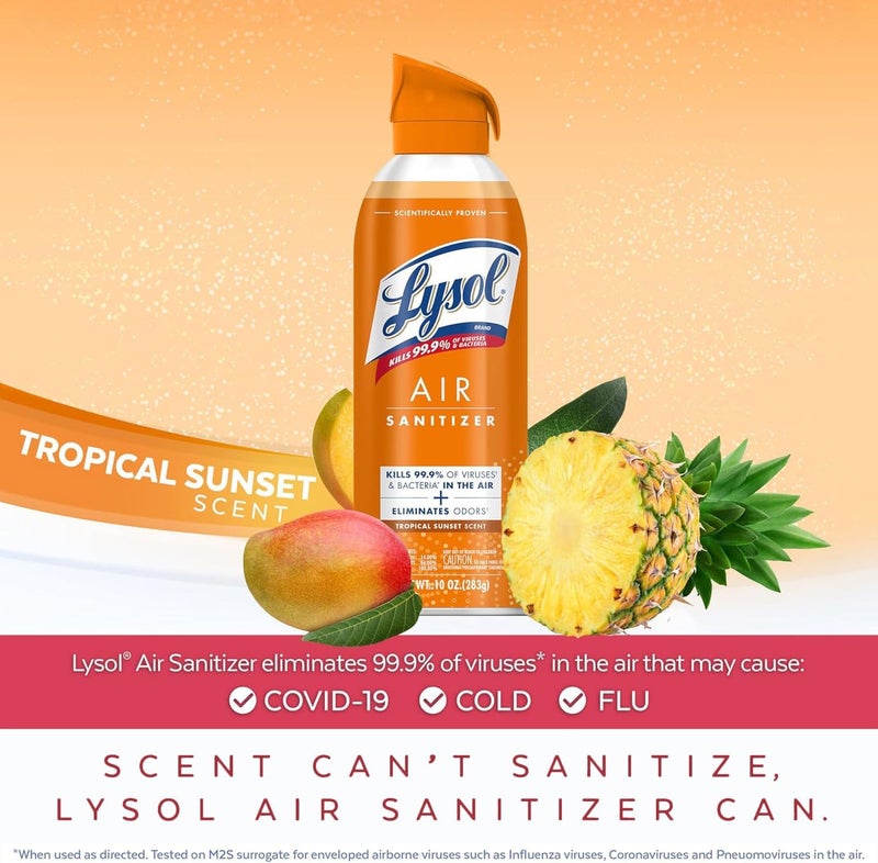 Lysol رذاذ معقم للهواء مع مزيل الروائح للمنزل والمكتب، رذاذ تعقيم، بديل معطر الهواء، رائحة غروب الشمس الاستوائية، 10 أونصات (عبوة من 3) - Image 2